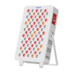 Infrared therapy light panel with 75 LEDs, adjustable stand, 8 wavelength spectrum, TFT touch controls, and high-irradiance red light therapy design.