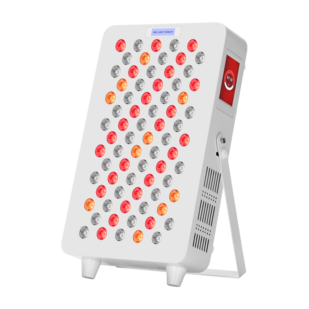 Infrared therapy light panel with 75 LEDs, adjustable stand, 8 wavelength spectrum, TFT touch controls, and high-irradiance red light therapy design.