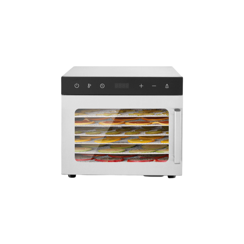 6 Tray Food Dehydrator with Stainless Steel Trays, LED Light, 24-Hour Timer, and Adjustable Temperature Control.