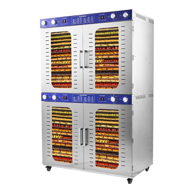 64 Tray Mechanical Food Dehydrator with 4 Compartments, Stainless Steel Industrial Drying Cabinet and LED Monitoring Light.