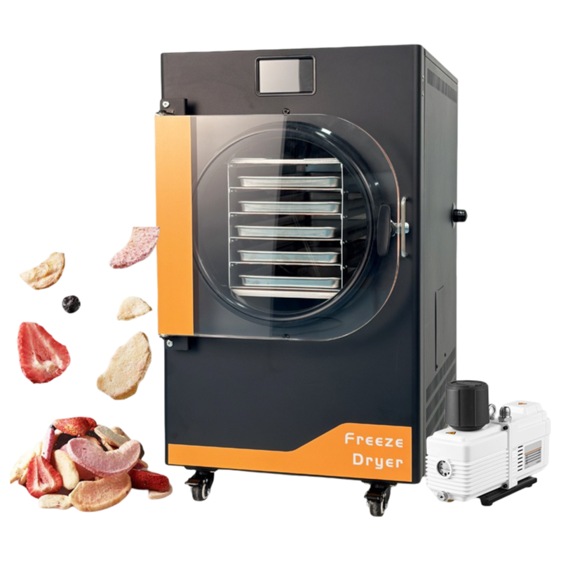 6kg Freeze Dryer with Stainless Steel Trays, Digital Control System, and Compact Vacuum Food Preservation Unit.