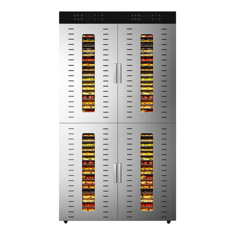 96 Tray Industrial Food Dehydrator Four Compartment Stainless Steel Dryer with Triple Fan Airflow and LED Interior Light.