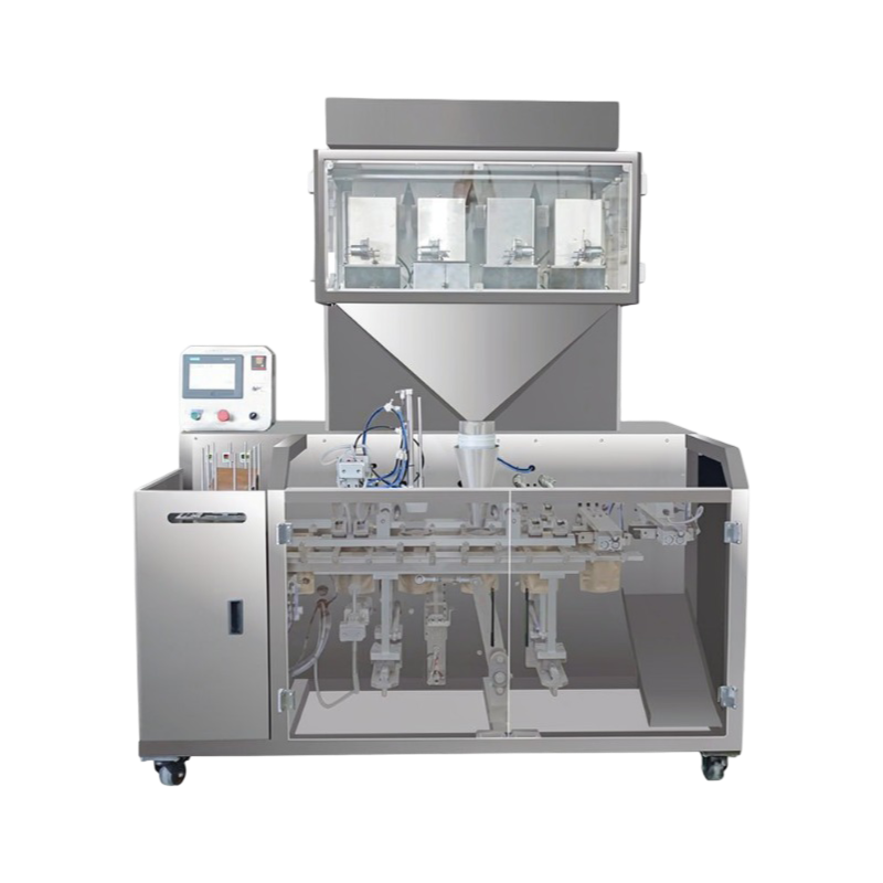 Automatic doypack packing machine for premade zipper and stand-up pouches used for snacks, nuts, and dried food packaging with automated filling system.