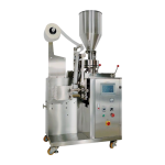 Automatic vertical packing machine with PLC touch screen control and tea bag with thread for tea, coffee, and herbal packaging.