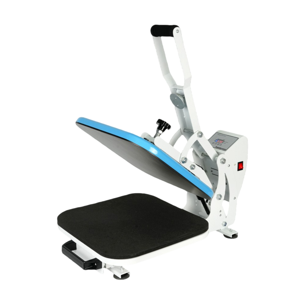 Digital heat press machine 38x38cm with touch screen control and auto open function for t-shirt and fabric printing applications.