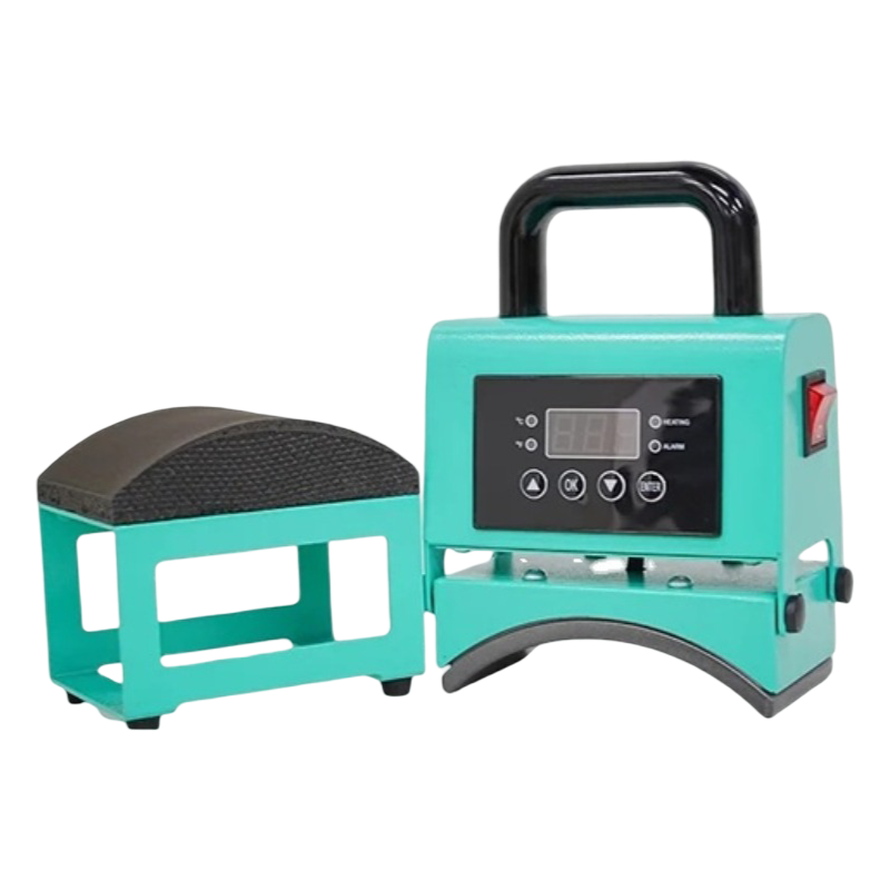Portable Cap Heat Press with 8cm × 14cm heating platen, 550W heating system, adjustable temperature control, and compact manual design for custom cap printing.